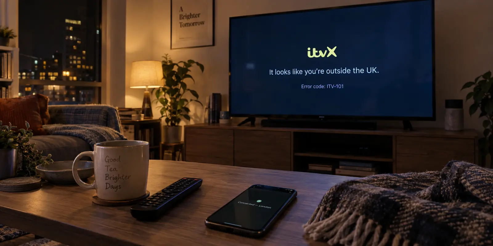 An ITVX location error on a television while a phone remains connected to a London VPN