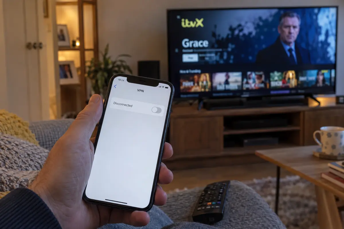 A phone showing the VPN disconnected while ITVX loads normally on the television
