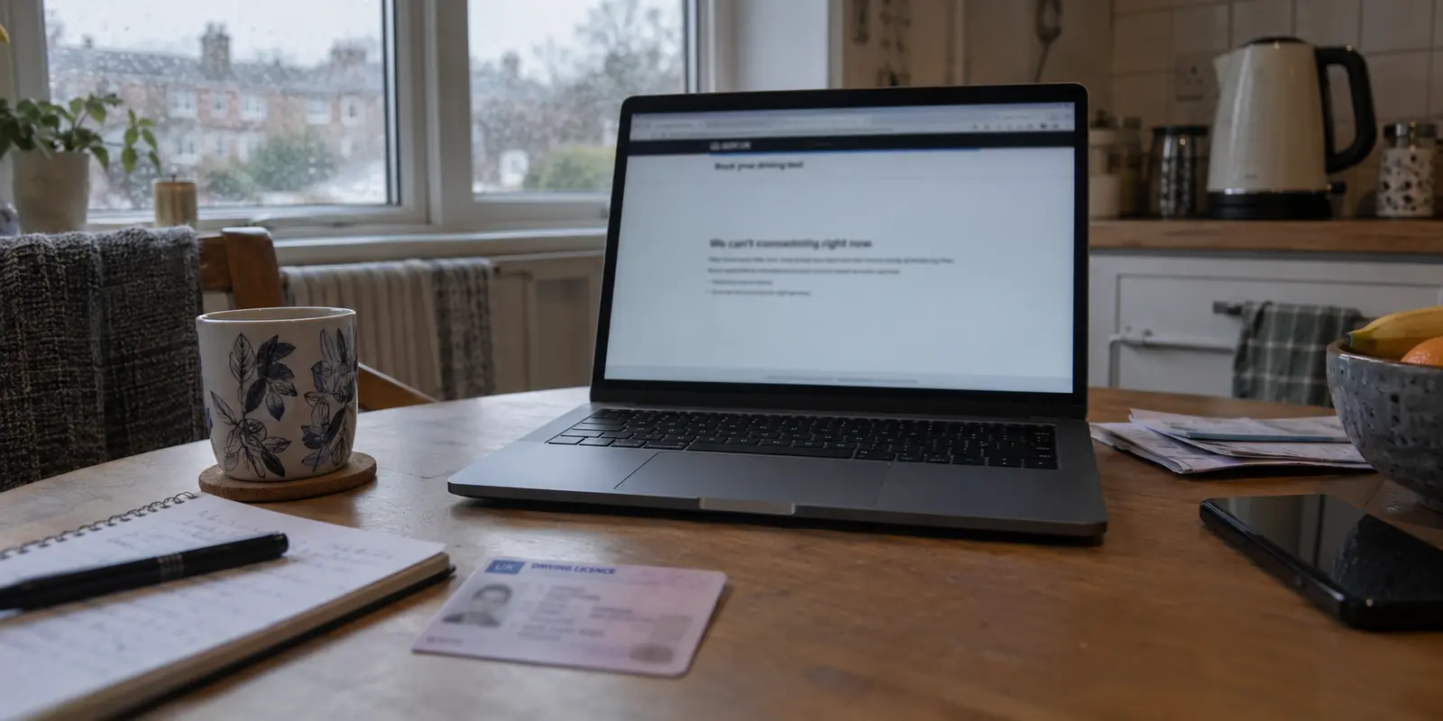 A UK driving-test booking page interrupted on a laptop at a kitchen table