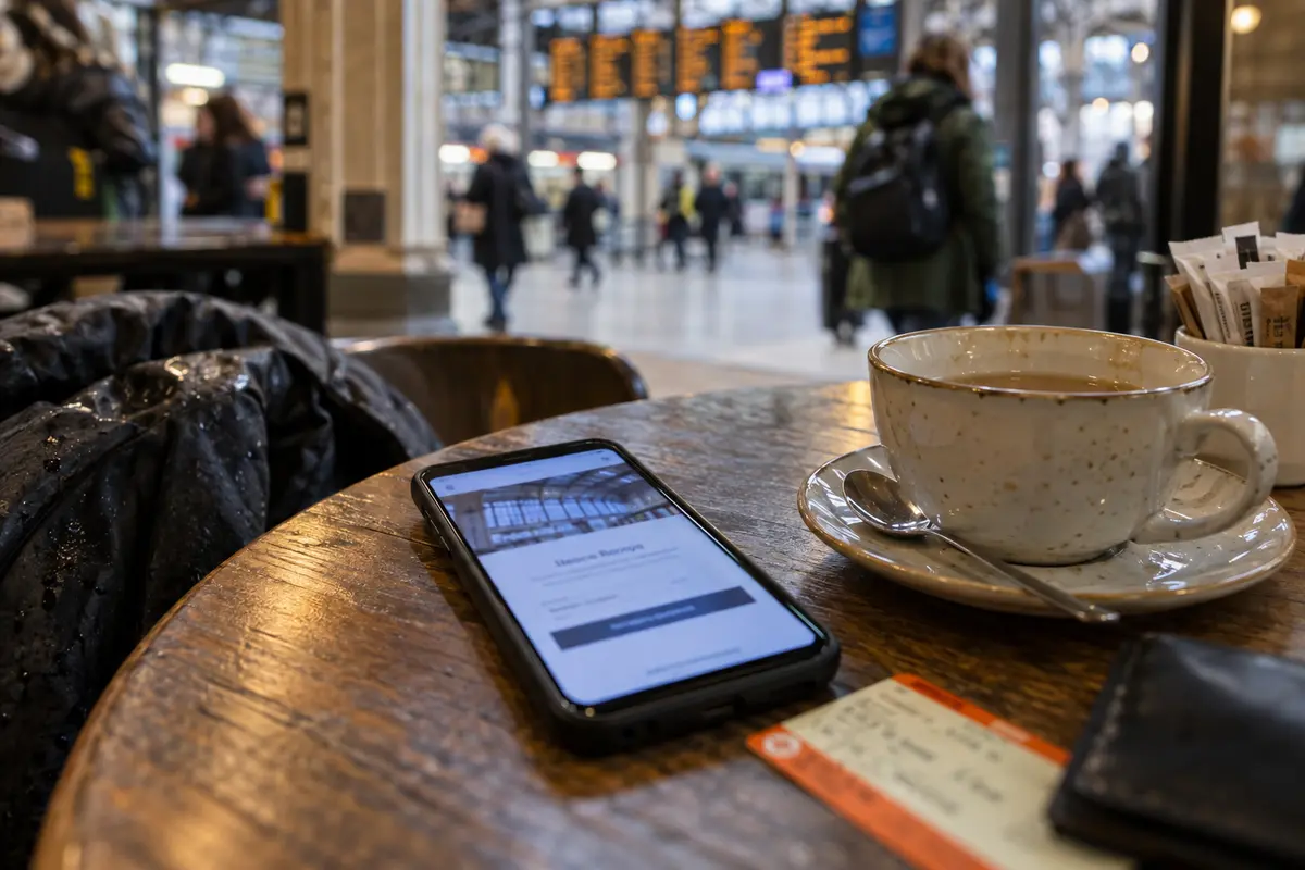 A phone displaying a public Wi-Fi sign-in page at a British railway-station café