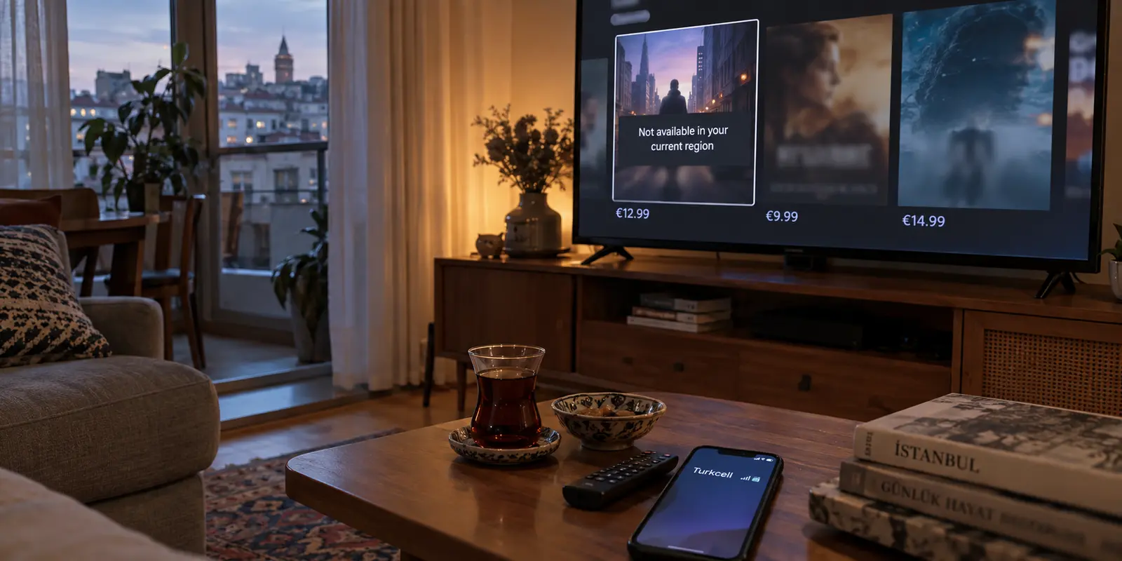 A Turkish apartment television shows foreign prices and a regional availability warning