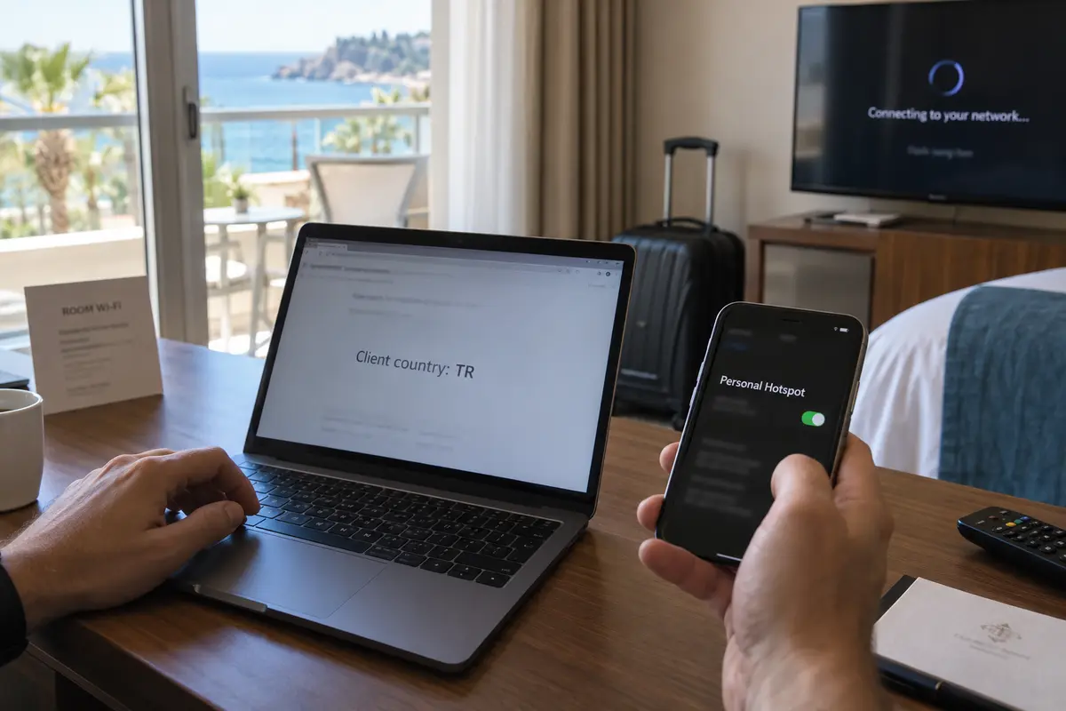 Testing a Turkish client country on a laptop while a television connects to a phone hotspot