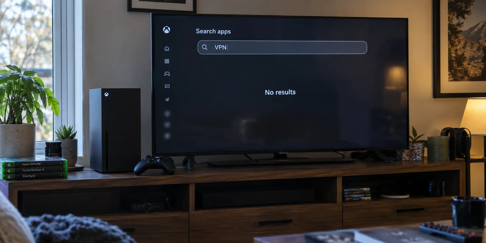 An Xbox app search for a VPN returns no results on a living-room television