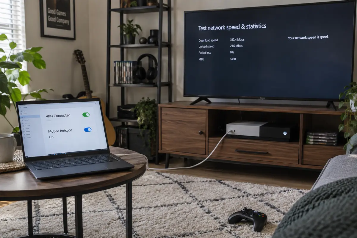 A Windows laptop shares a VPN connection to an Xbox running its network statistics test
