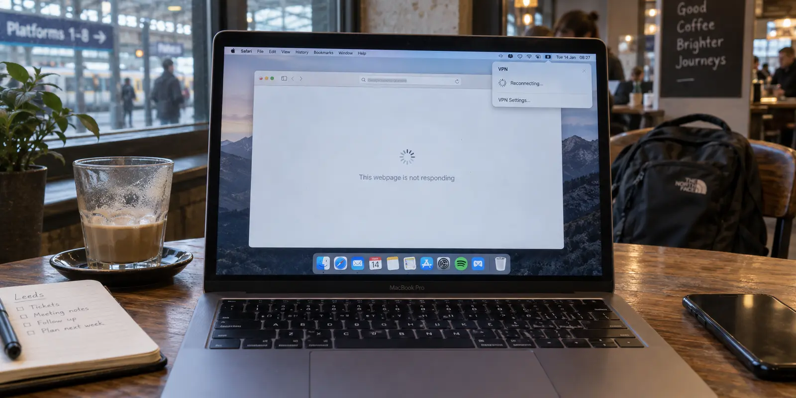 A MacBook after waking shows a VPN stuck reconnecting while Safari cannot load