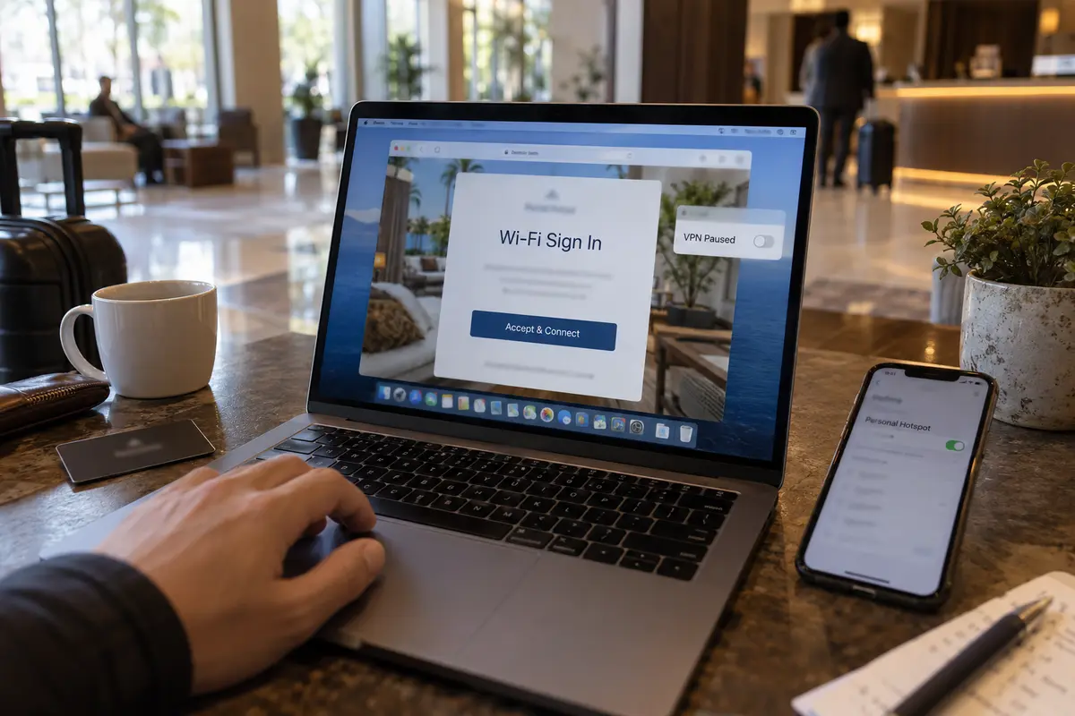 A MacBook with the VPN paused waits at a hotel Wi-Fi sign-in page after waking