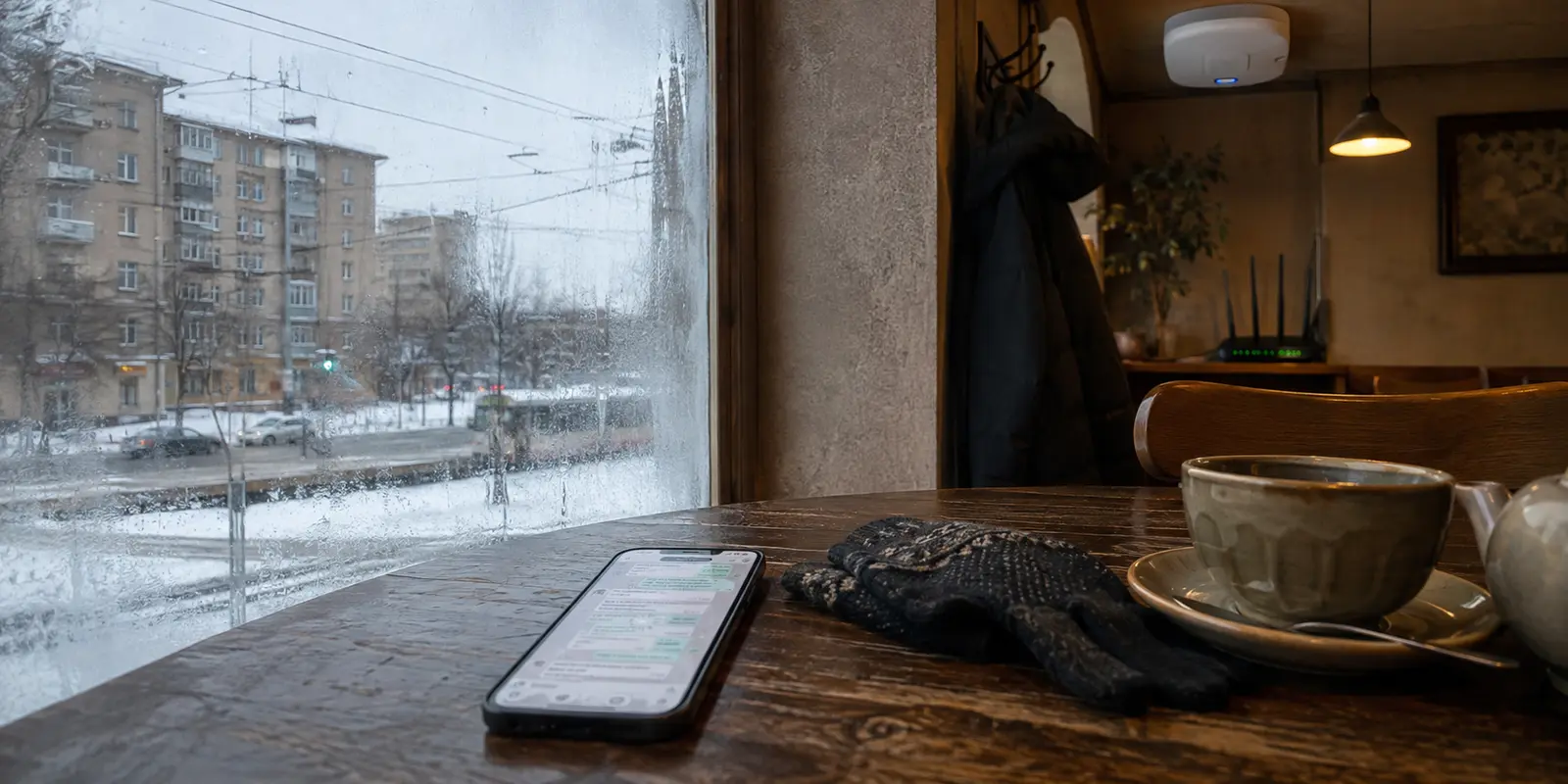 Téléphone dont les messages restent en attente sur le même Wi-Fi d’un café de Moscou