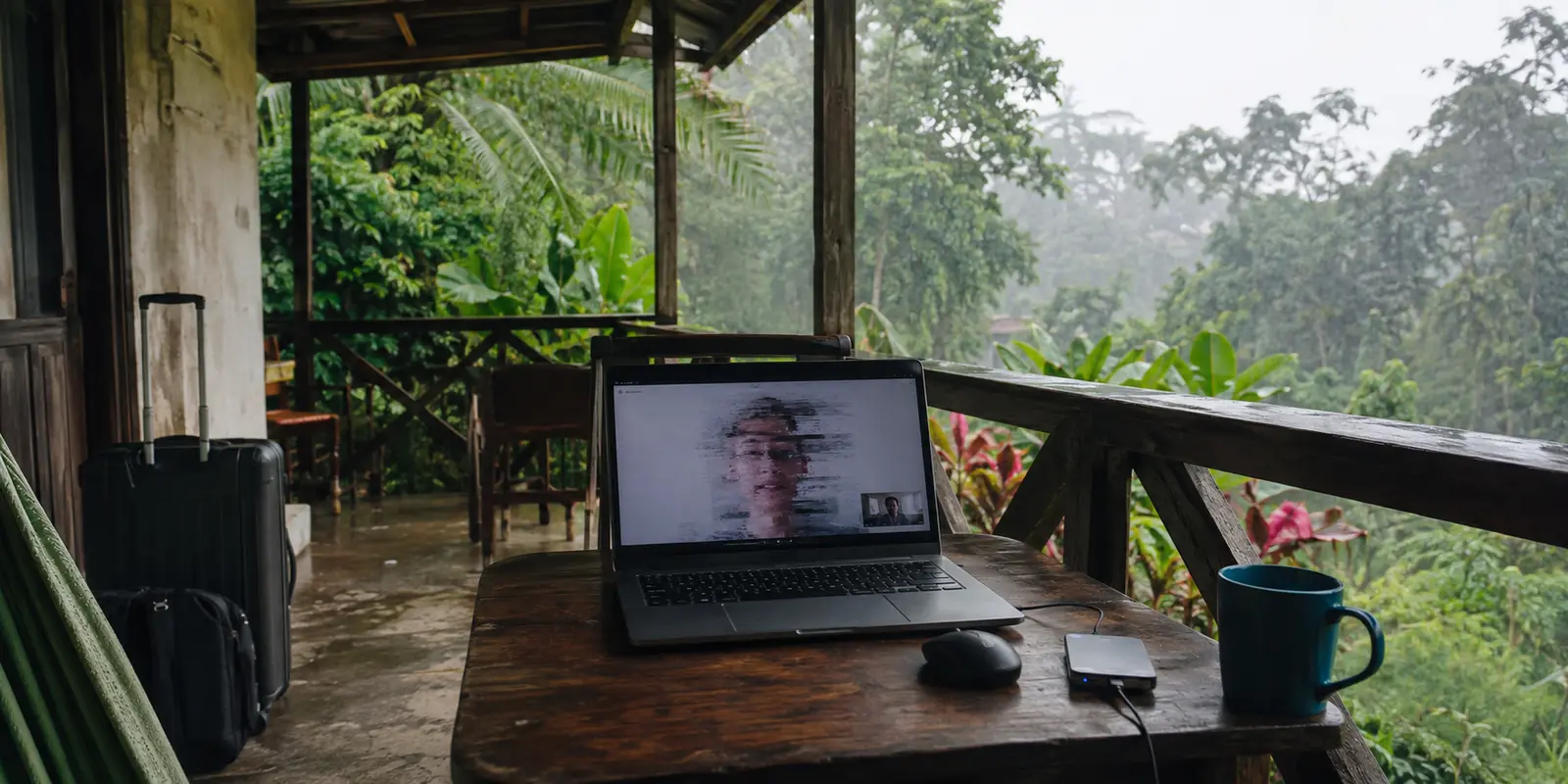 Notebook numa varanda de hospedagem em São Tomé durante uma chamada afetada pela oscilação da internet