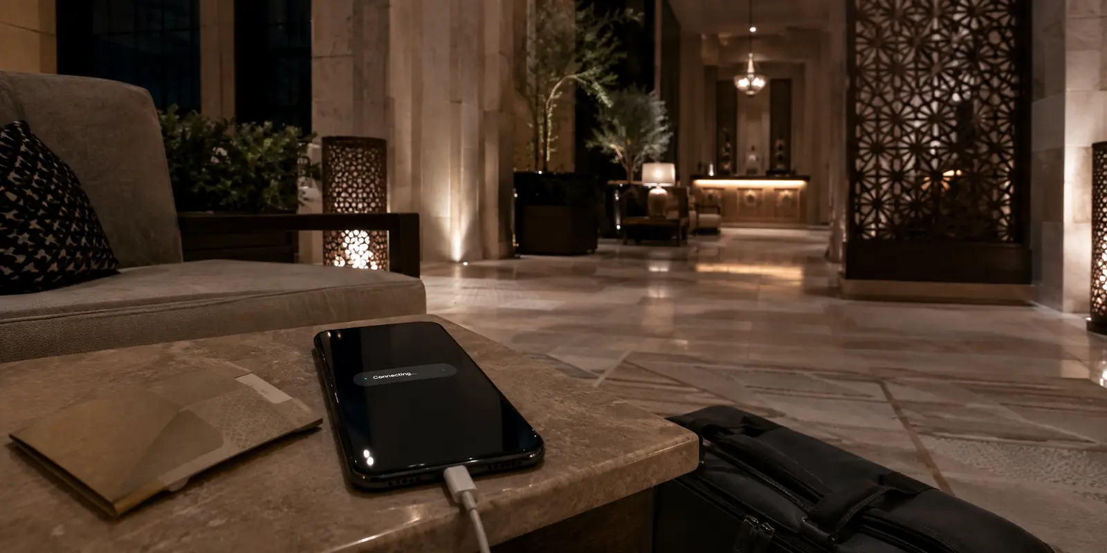 A phone still connecting to a VPN in a Saudi hotel atrium at night