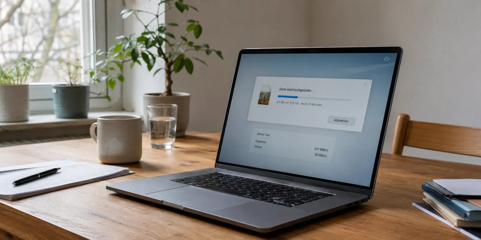 Laptop mit noch laufendem Upload auf einem Schreibtisch.