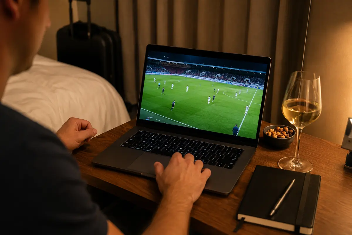 Ein Live-Fussballspiel läuft stabil auf dem Laptop in einem Hotelzimmer