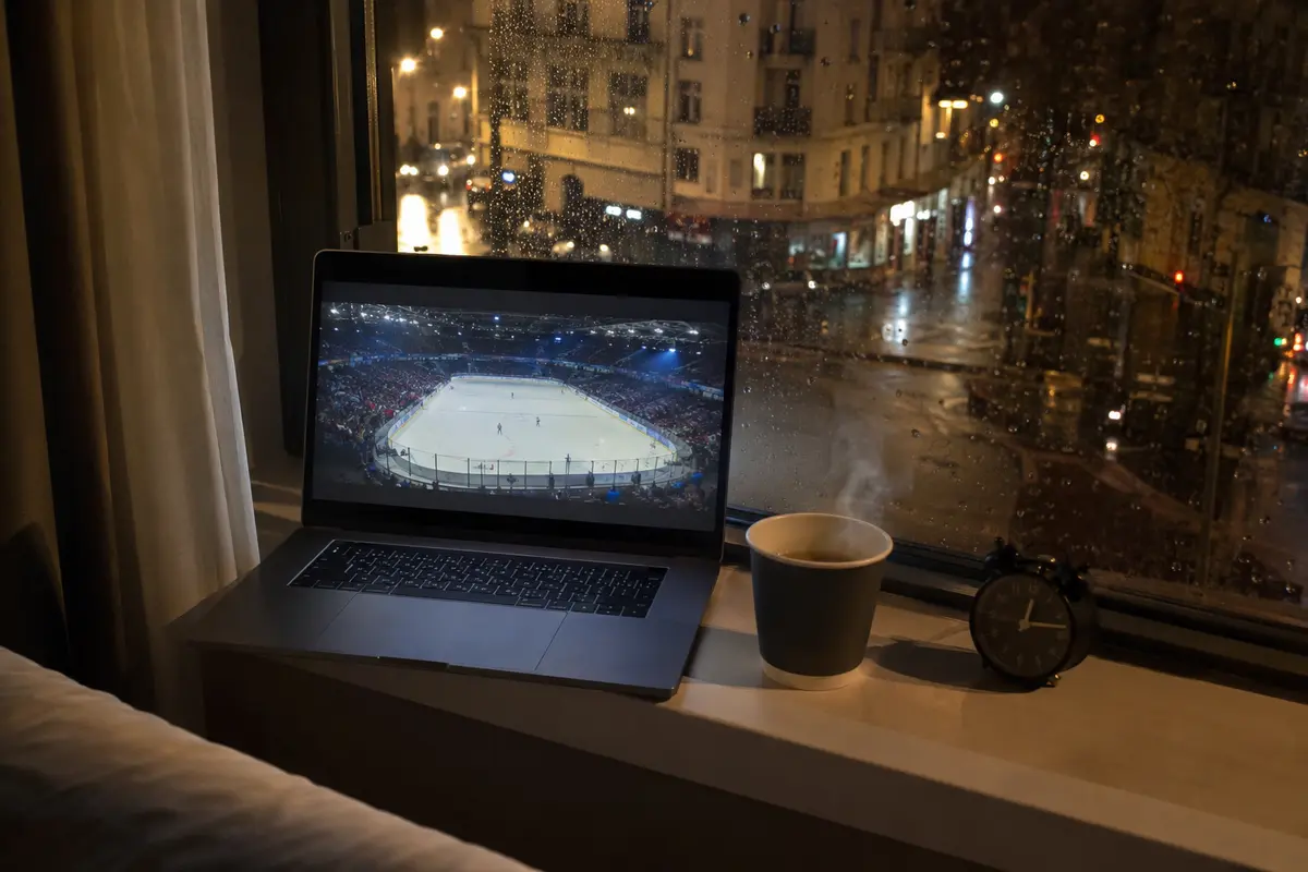 Laufender Schweizer Livestream auf einem Laptop am Hotelfenster