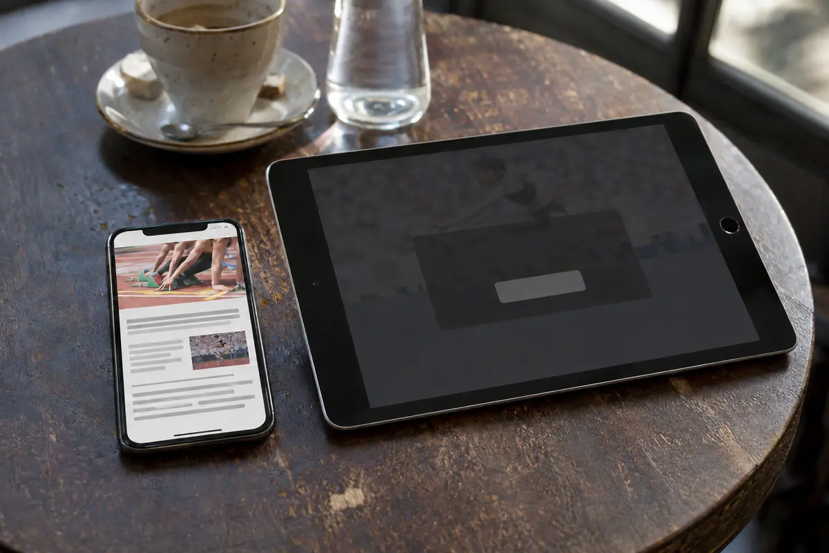 Erreichbarer Sportartikel auf dem Smartphone und gesperrtes Video auf dem Tablet