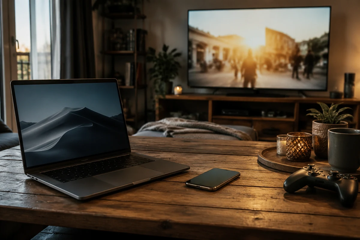 Laptop und Smartphone auf dem Wohnzimmertisch, während der Fernseher normal weiterläuft