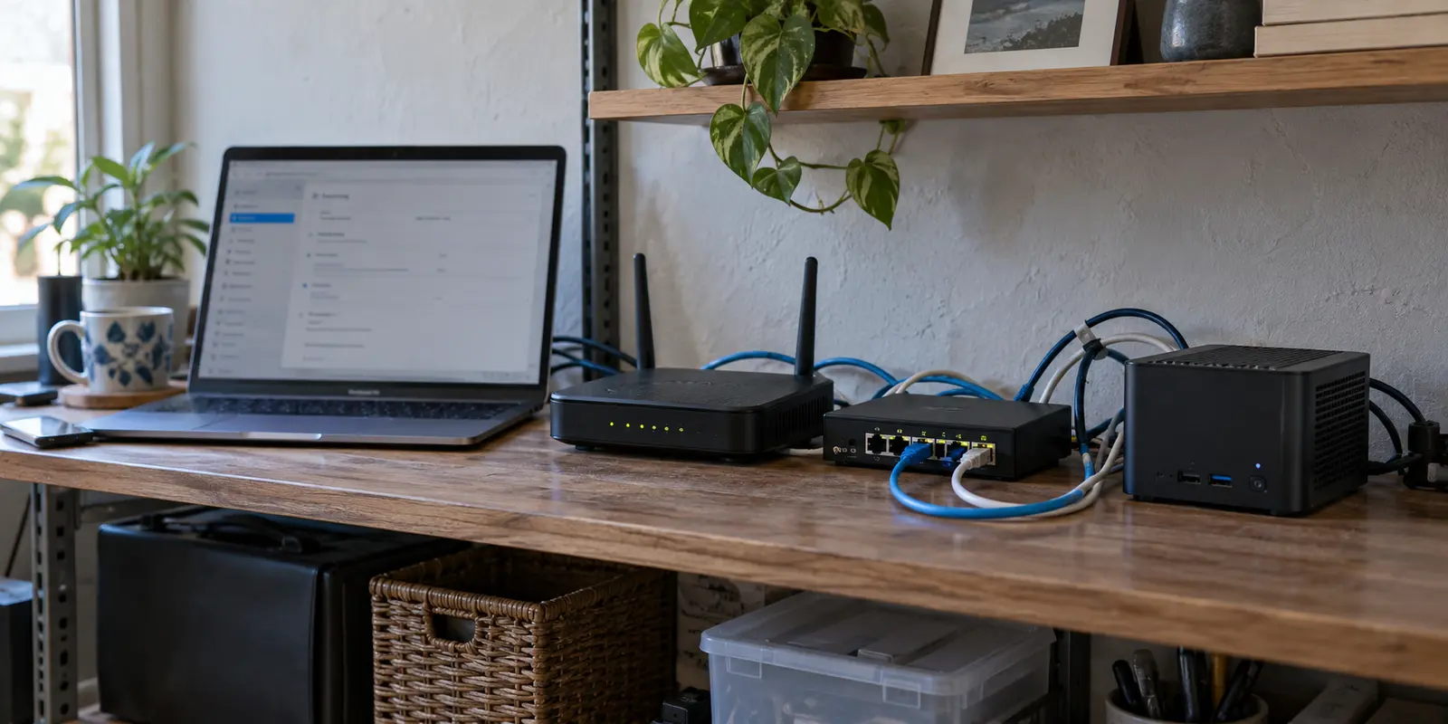 A self-hosted home VPN setup with router, switch, mini server and laptop