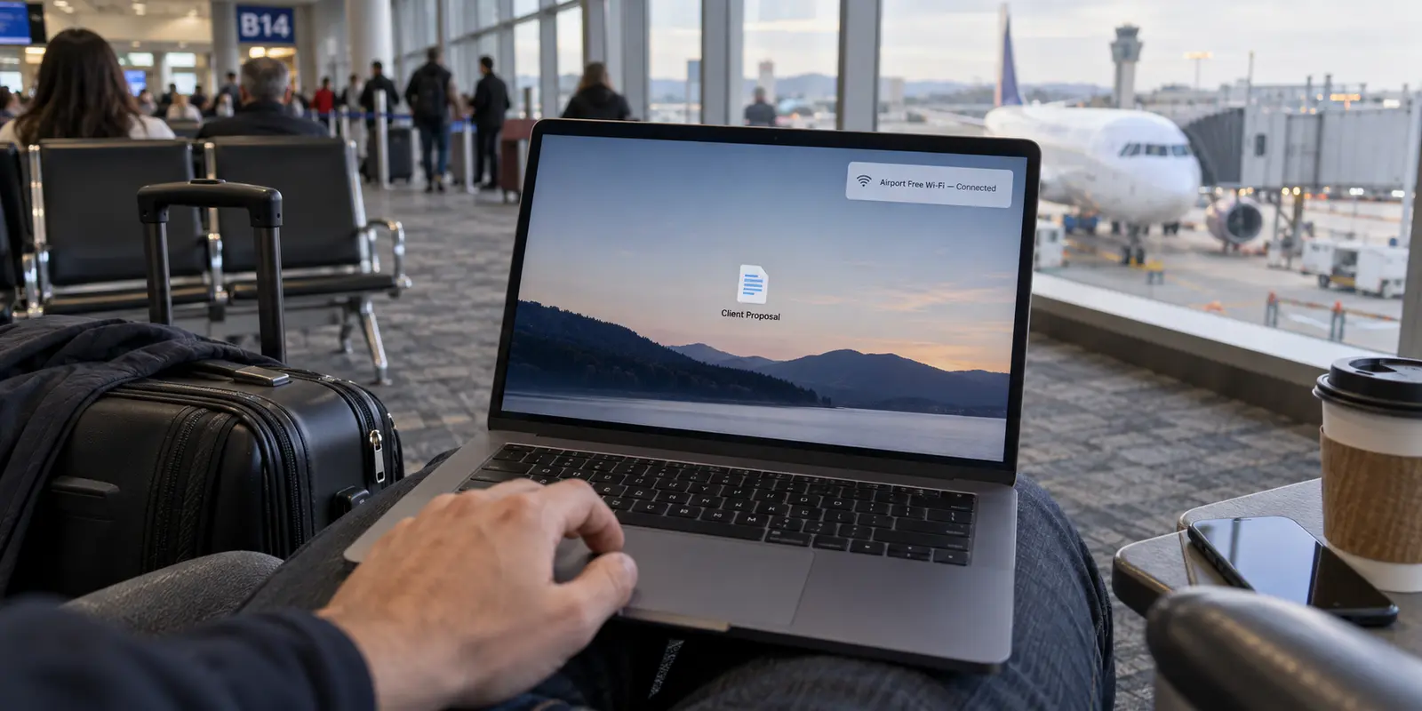 A confidential proposal ready to open on a laptop connected to airport Wi-Fi