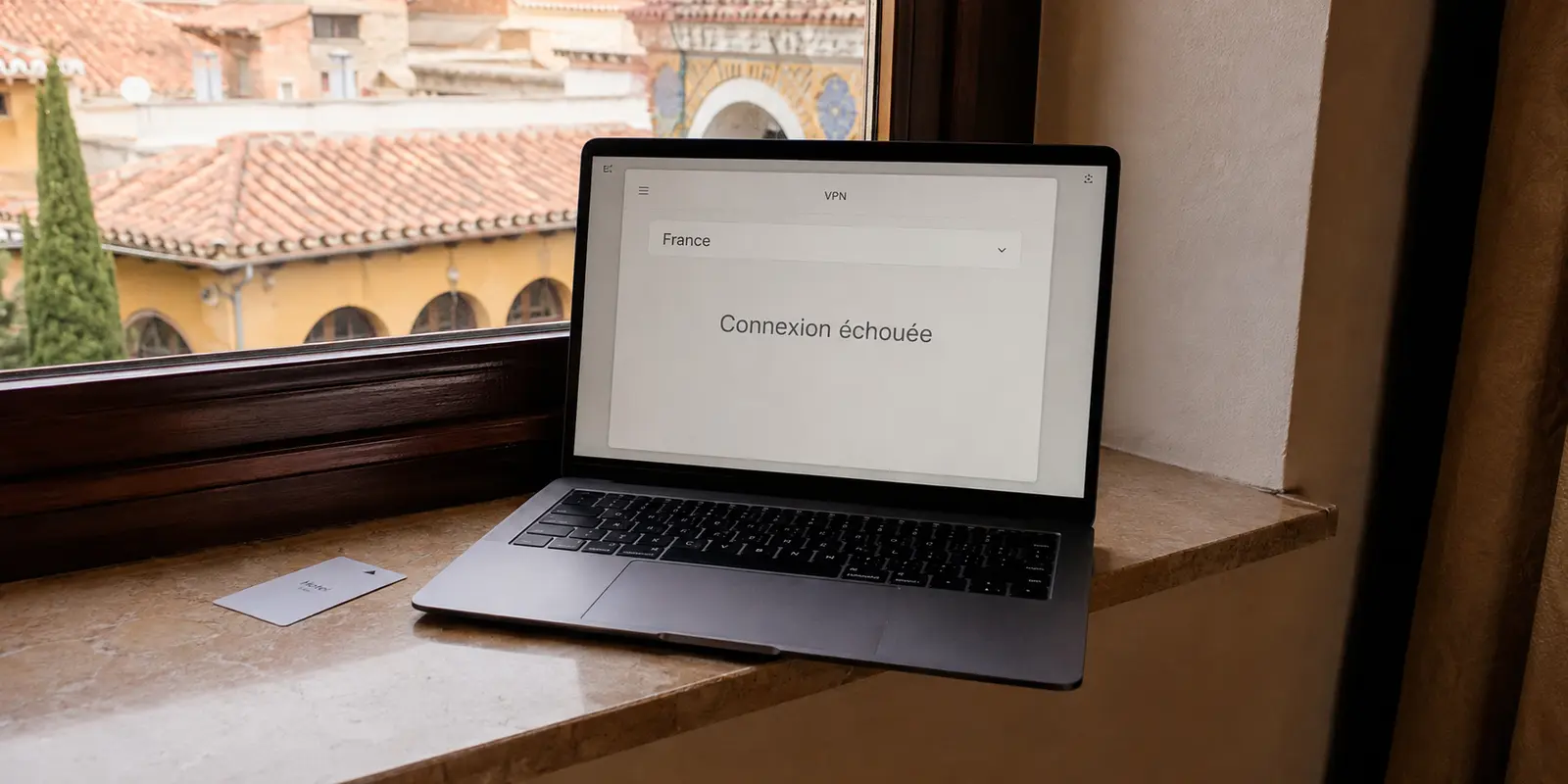 Ordinateur portable dans un hôtel espagnol affichant l’échec d’une connexion VPN vers la France