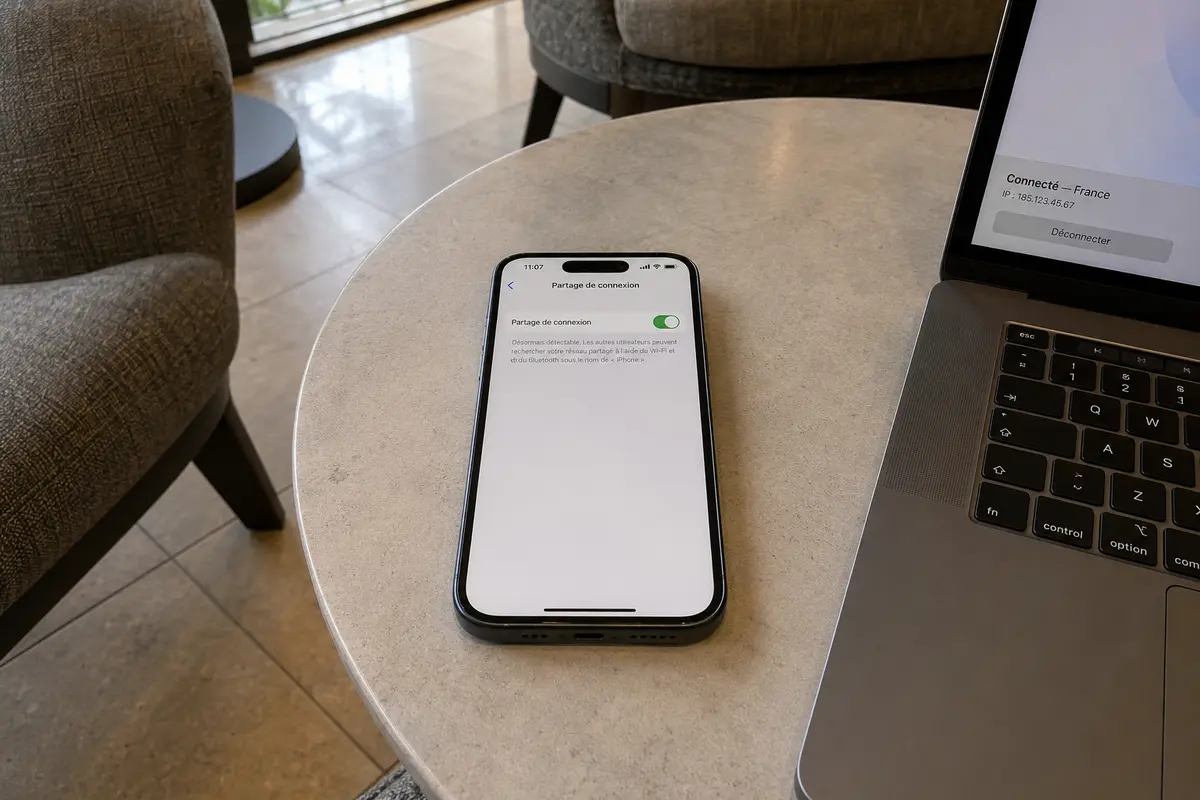 Téléphone avec le partage de connexion activé à côté d’un ordinateur connecté à un serveur français