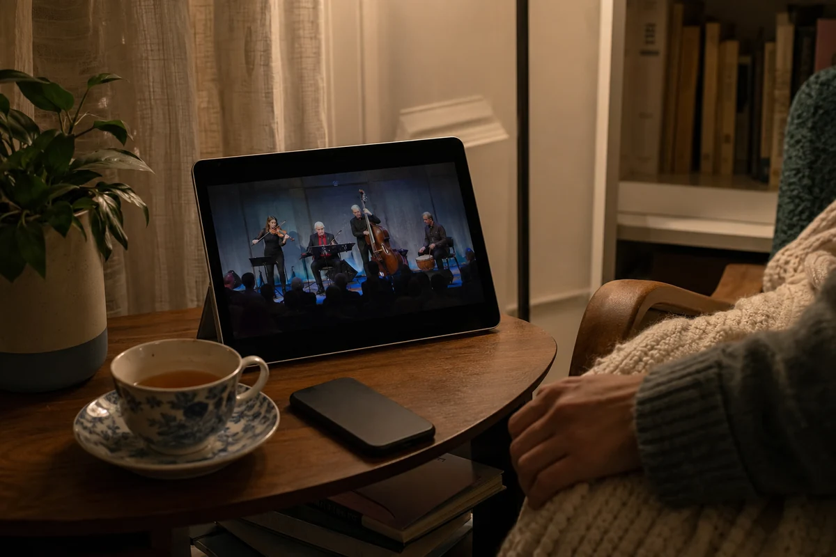 Programme en direct diffusé sans interruption sur une tablette, téléphone laissé de côté