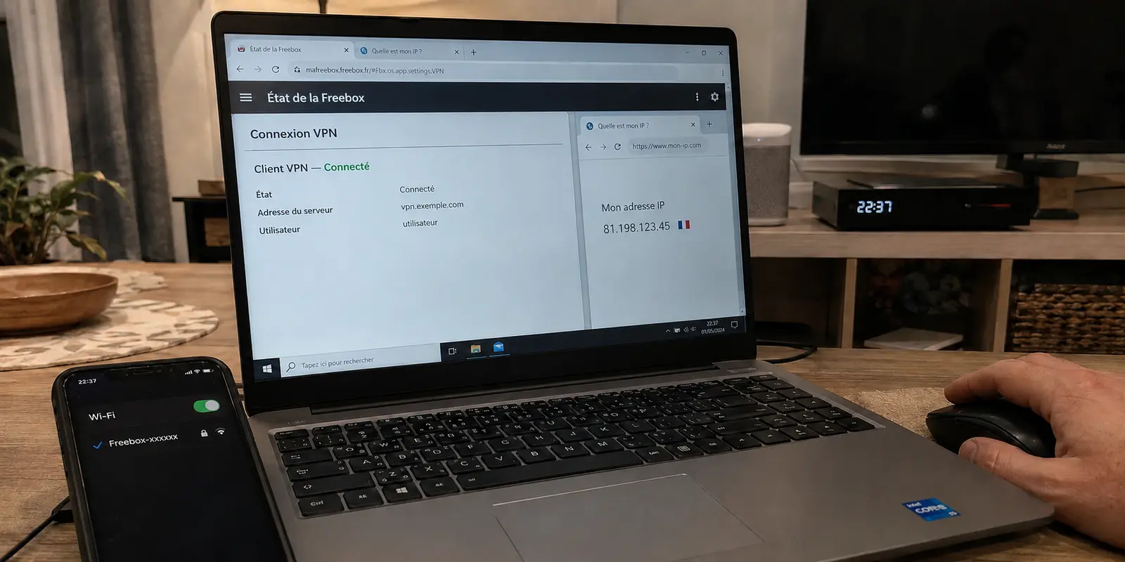 La Freebox indique que son client VPN est connecté, mais le navigateur affiche toujours l’adresse IP habituelle
