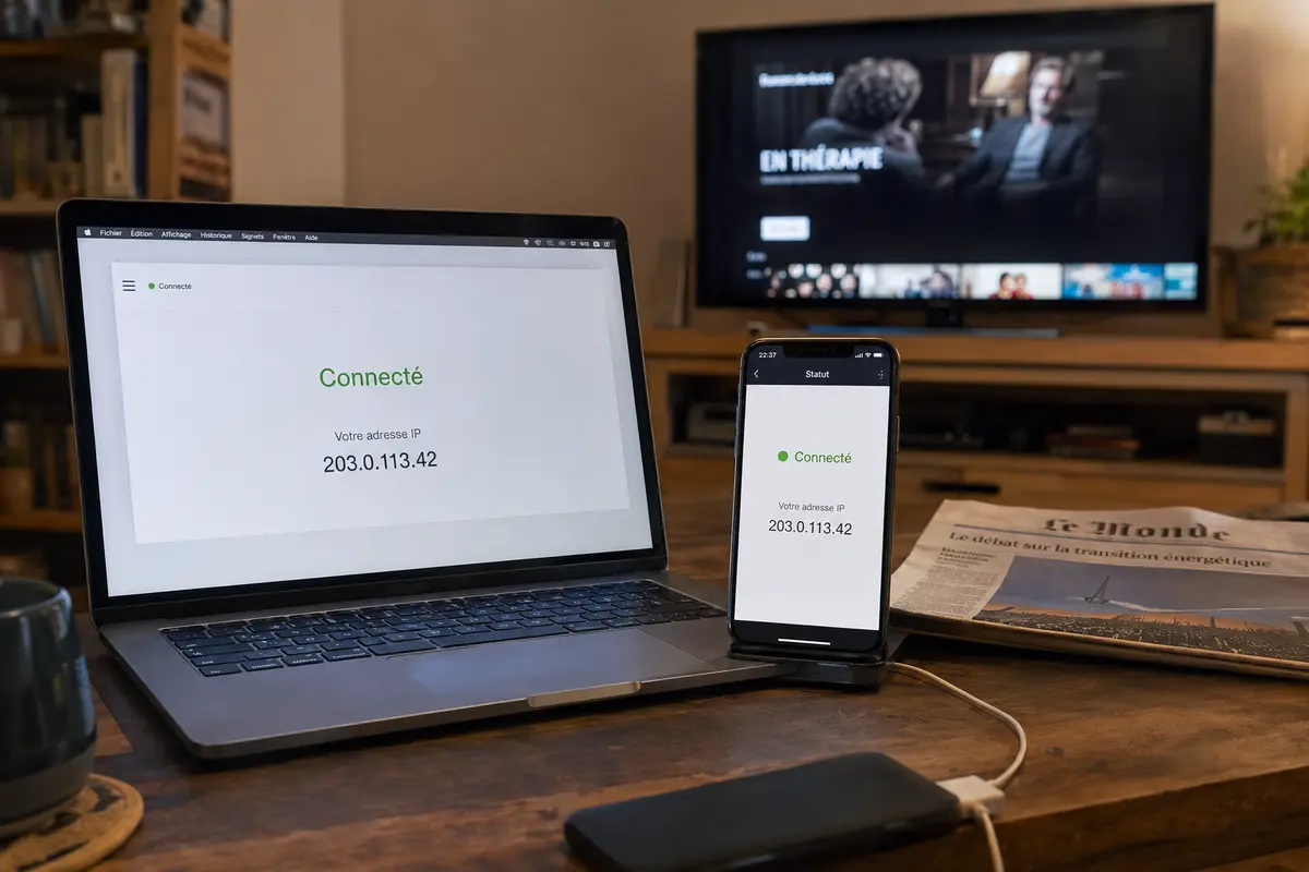 L’ordinateur et le téléphone affichent la même nouvelle adresse IP tandis que la télévision reste sur la connexion du foyer