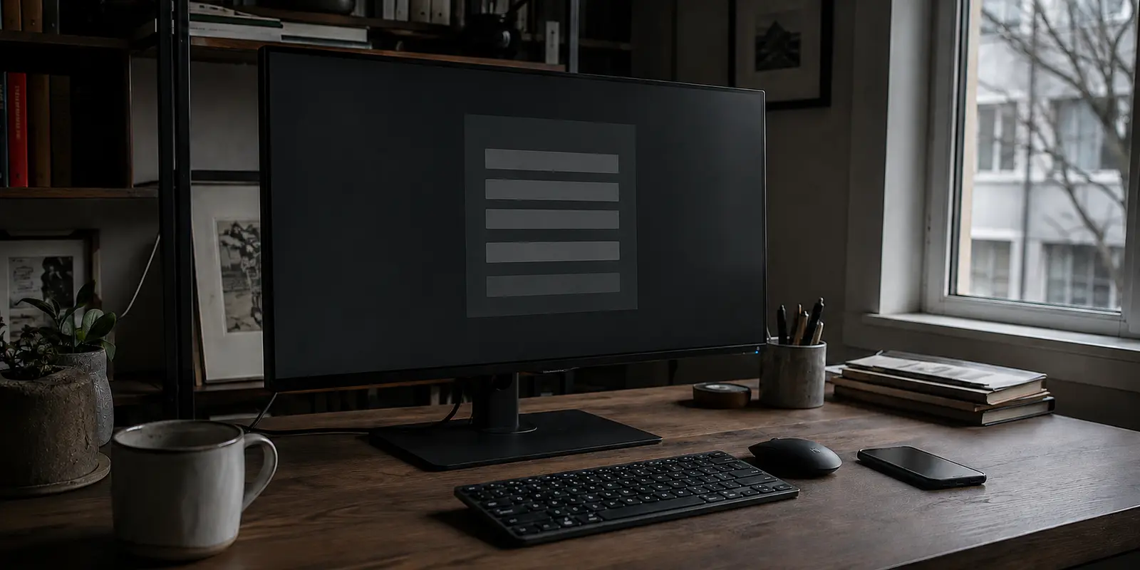 Un écran d’inscription sans identité de marque dans un bureau éclairé par la lumière du jour