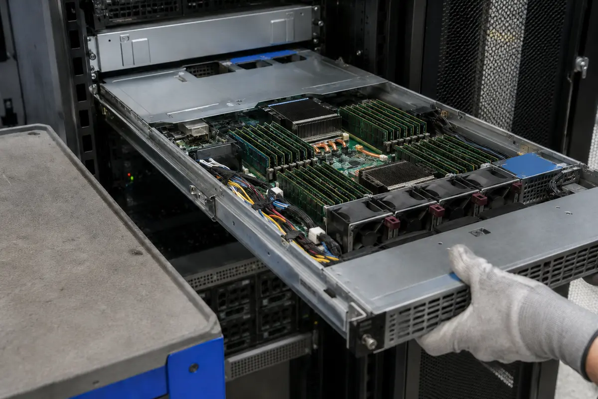 Un serveur retiré de sa baie de maintenance avec ses modules de mémoire vive visibles