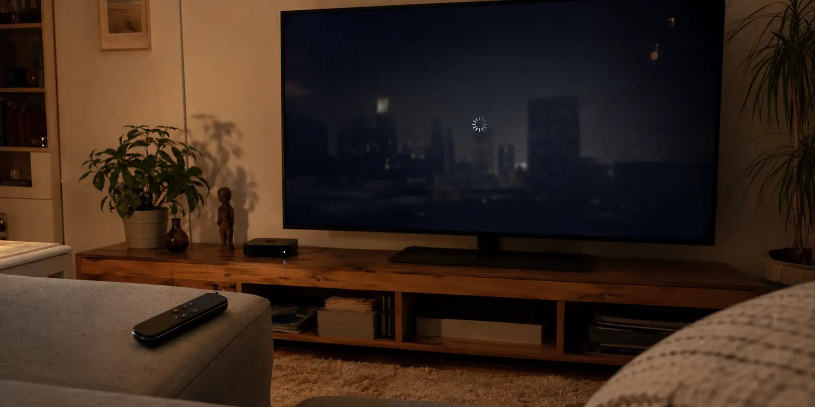 Apple TV diante de uma transmissão que não começa, com o controle remoto sobre o sofá