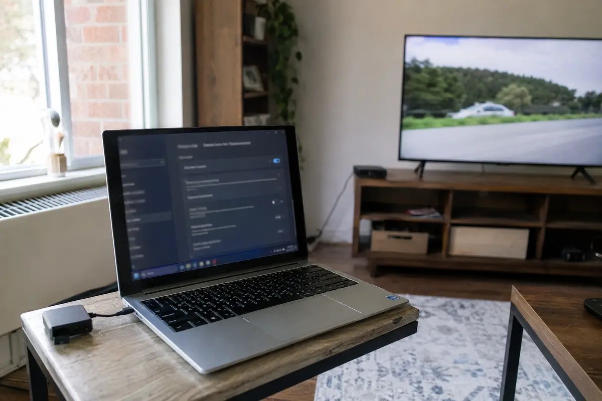 Notebook Windows compartilhando a conexão com uma Apple TV ao fundo