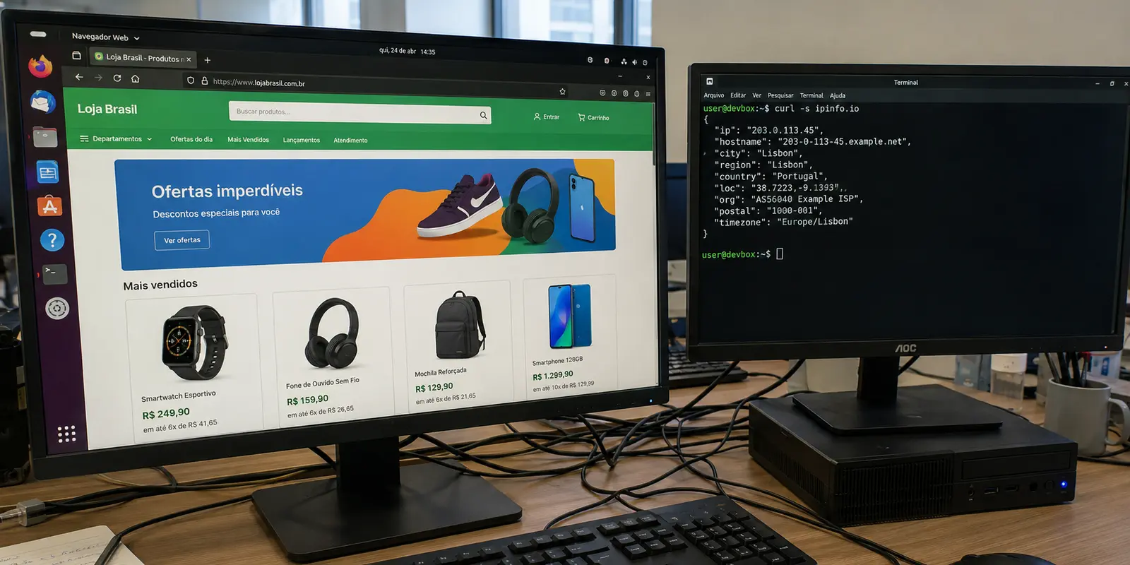 Estação Linux com uma loja brasileira no navegador e Portugal indicado no terminal