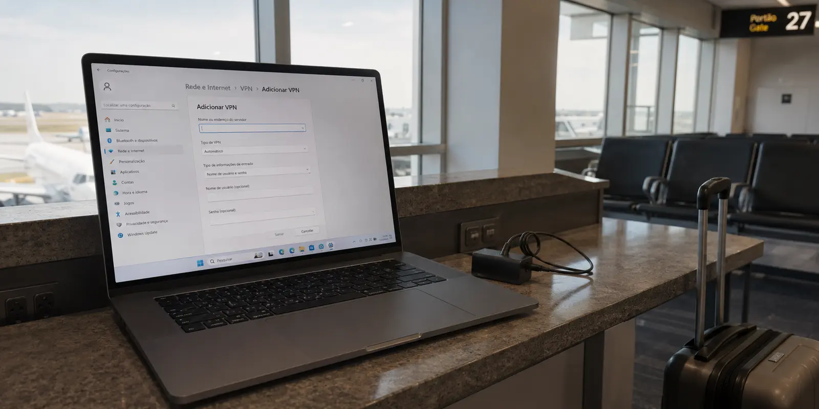 Notebook com a configuração de VPN do Windows 11 aberta em um balcão de aeroporto