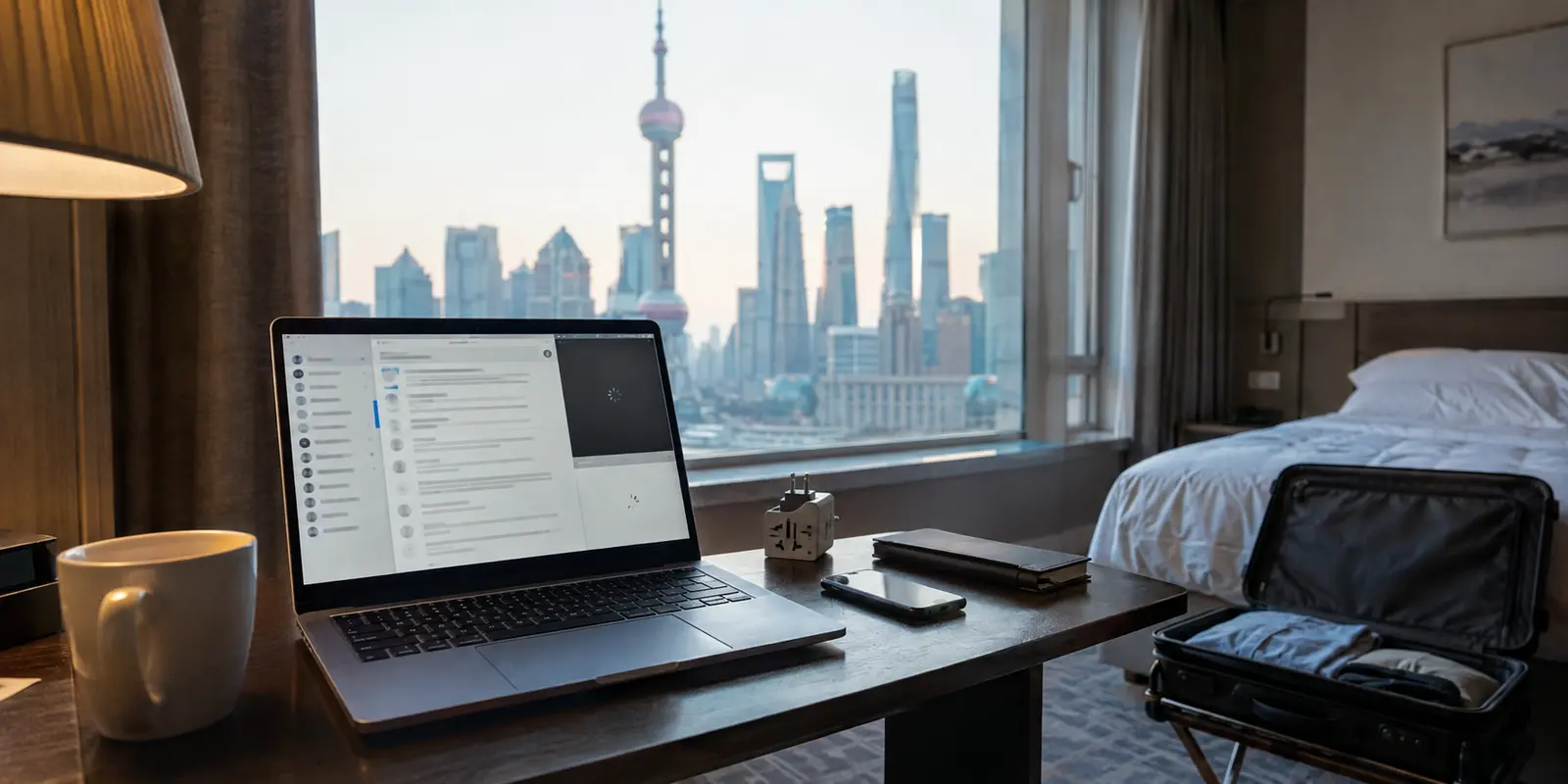 Dans une chambre d’hôtel à Shanghai, un ordinateur reste bloqué malgré un VPN connecté avant un appel professionnel.