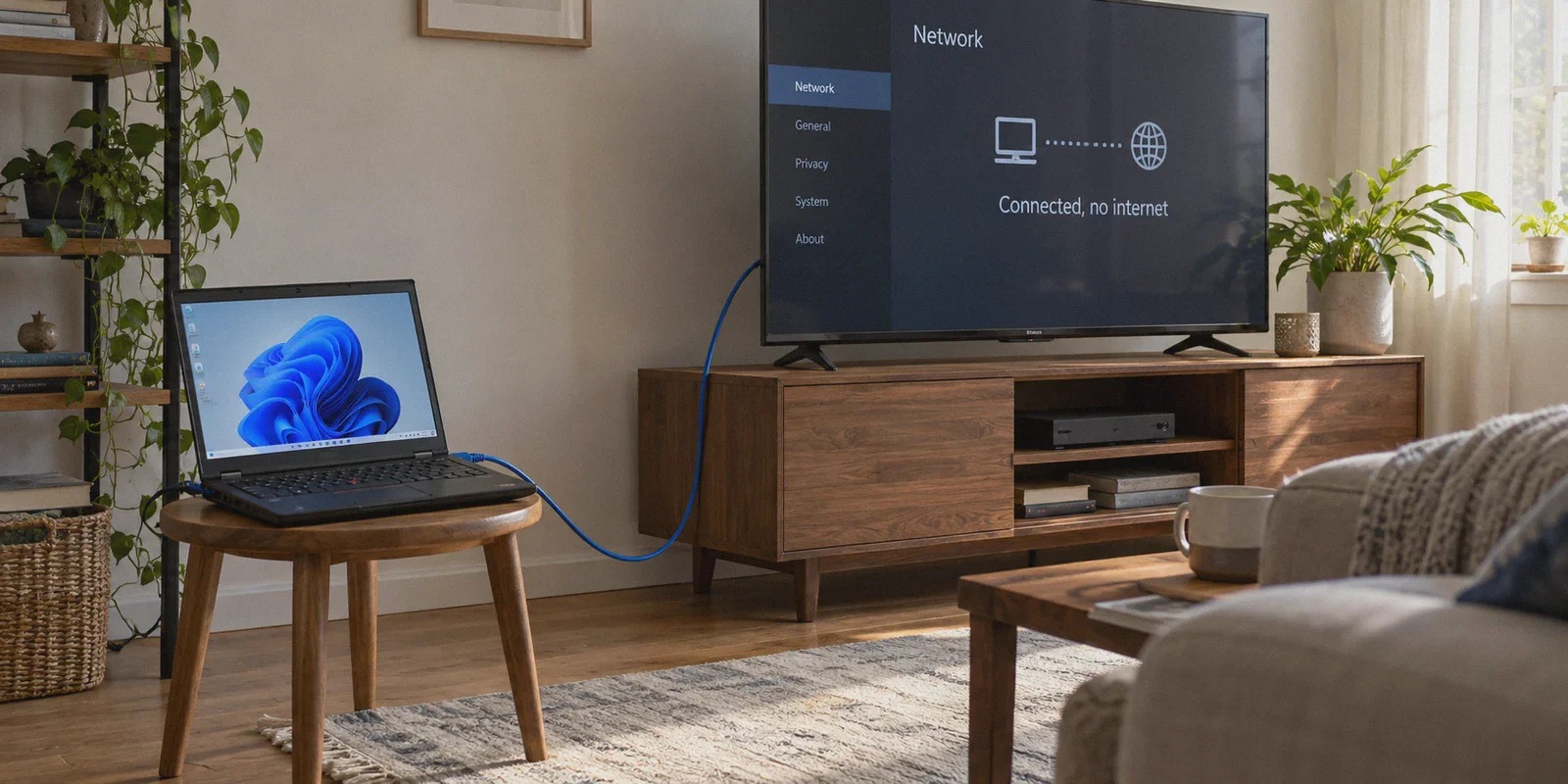 Laptop connected to a smart television by an Ethernet cable