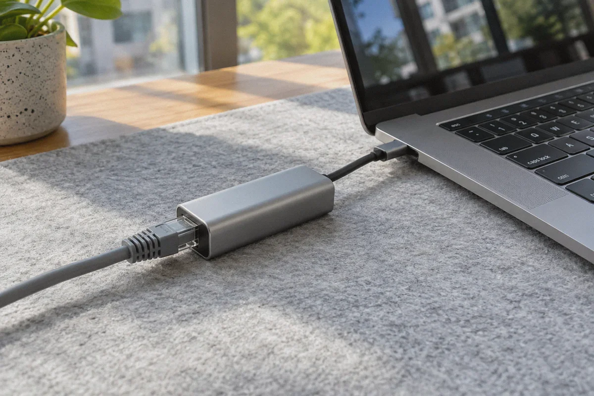 USB-C Ethernet adapter attached to a Mac notebook