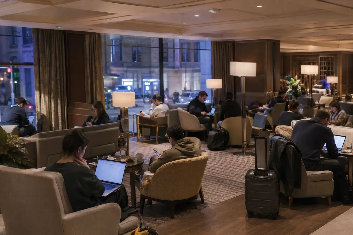 Voyageurs utilisant en même temps la connexion d’un hall d’hôtel français