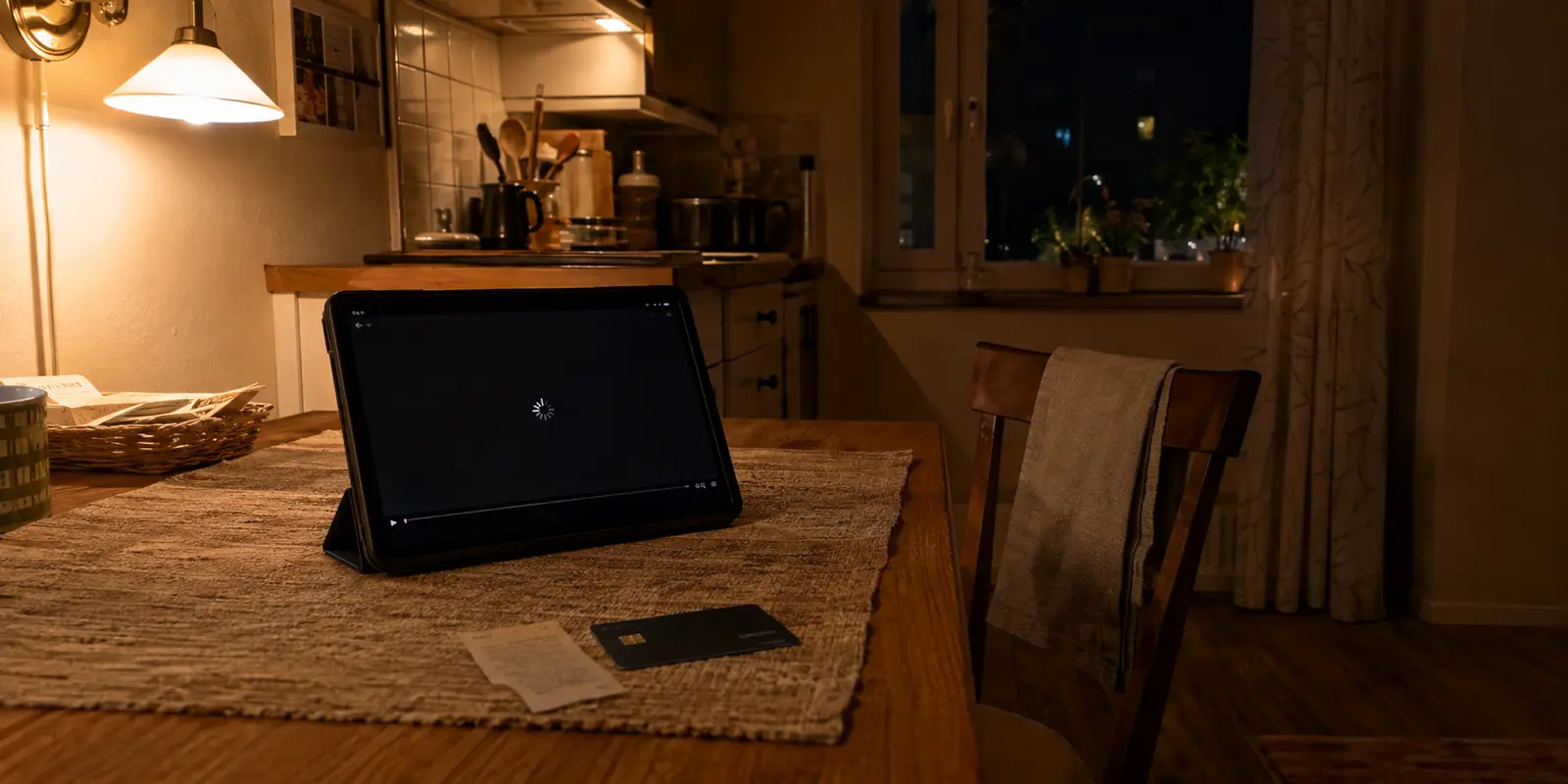Una tableta con la reproducción detenida sobre una mesa de cocina junto a un recibo y una tarjeta de pago