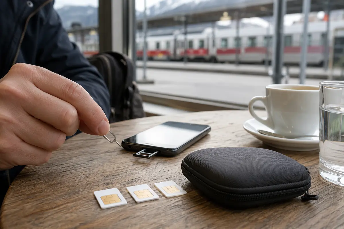 Mehrere SIM-Karten und ein geöffnetes SIM-Fach auf einem Tisch am Bahnhof