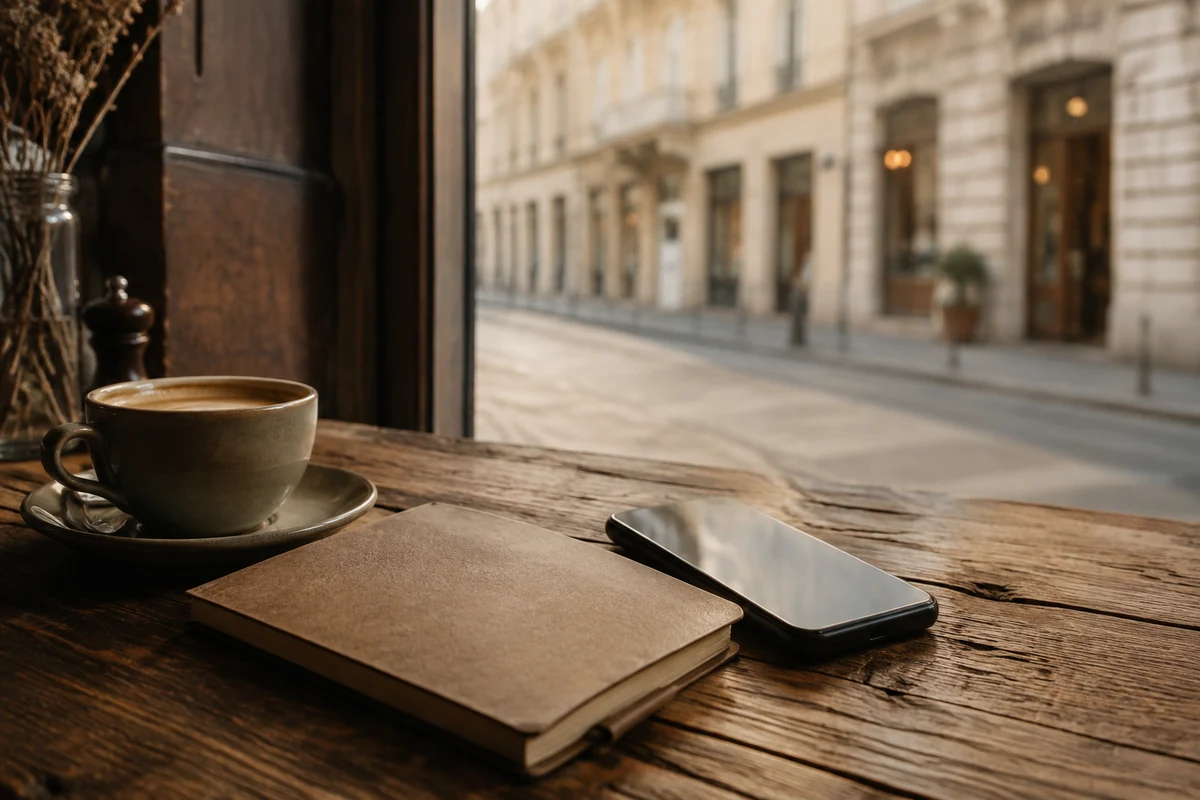 Geschlossenes Smartphone, Notizbuch und Kaffee an einem Wiener Fensterplatz