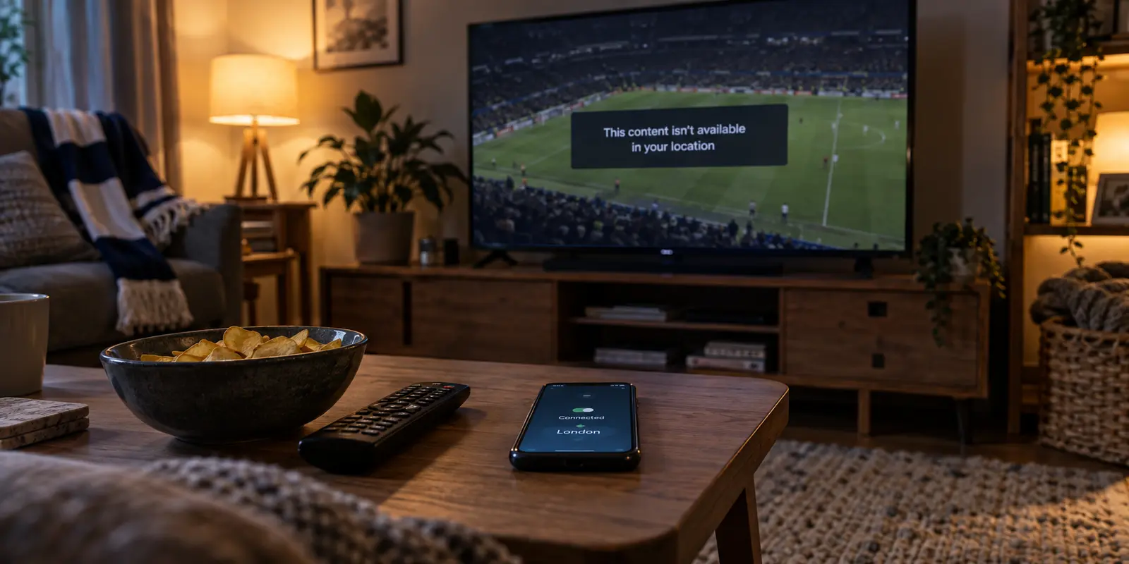 Live football stream unavailable in a UK living room while a London VPN route is connected