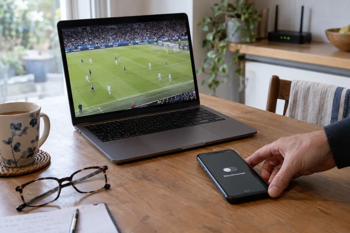 Football stream playing on a laptop after the VPN has been disconnected for a controlled test
