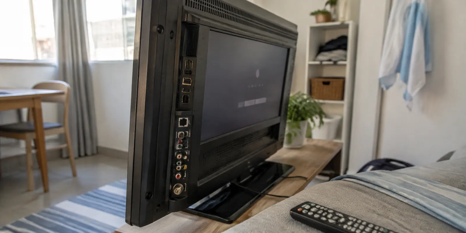 Televisor inteligente antiguo visto de lado, con conexiones físicas y un estado de carga tenue