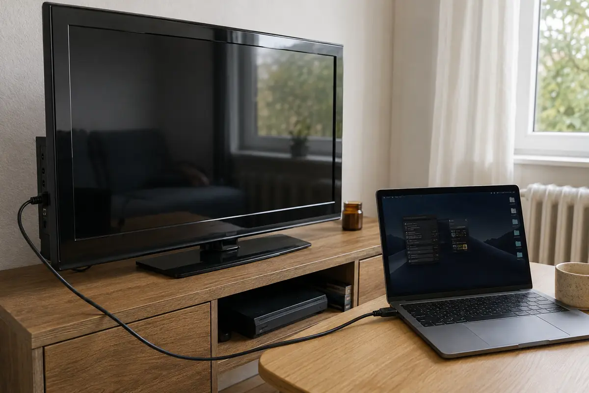 Portátil conectado por HDMI a un televisor de pantalla plana antiguo