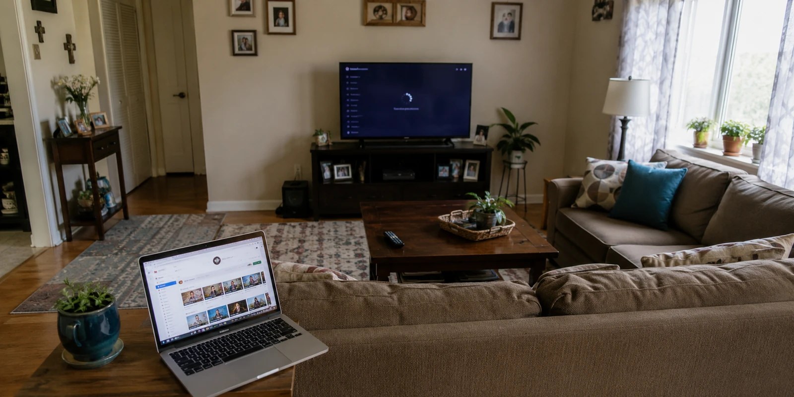 Un portátil conectado a internet frente a un televisor que permanece atascado en la pantalla de carga