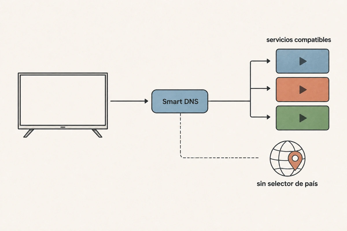 Diagrama que muestra un televisor conectado mediante Smart DNS a una lista limitada de servicios compatibles