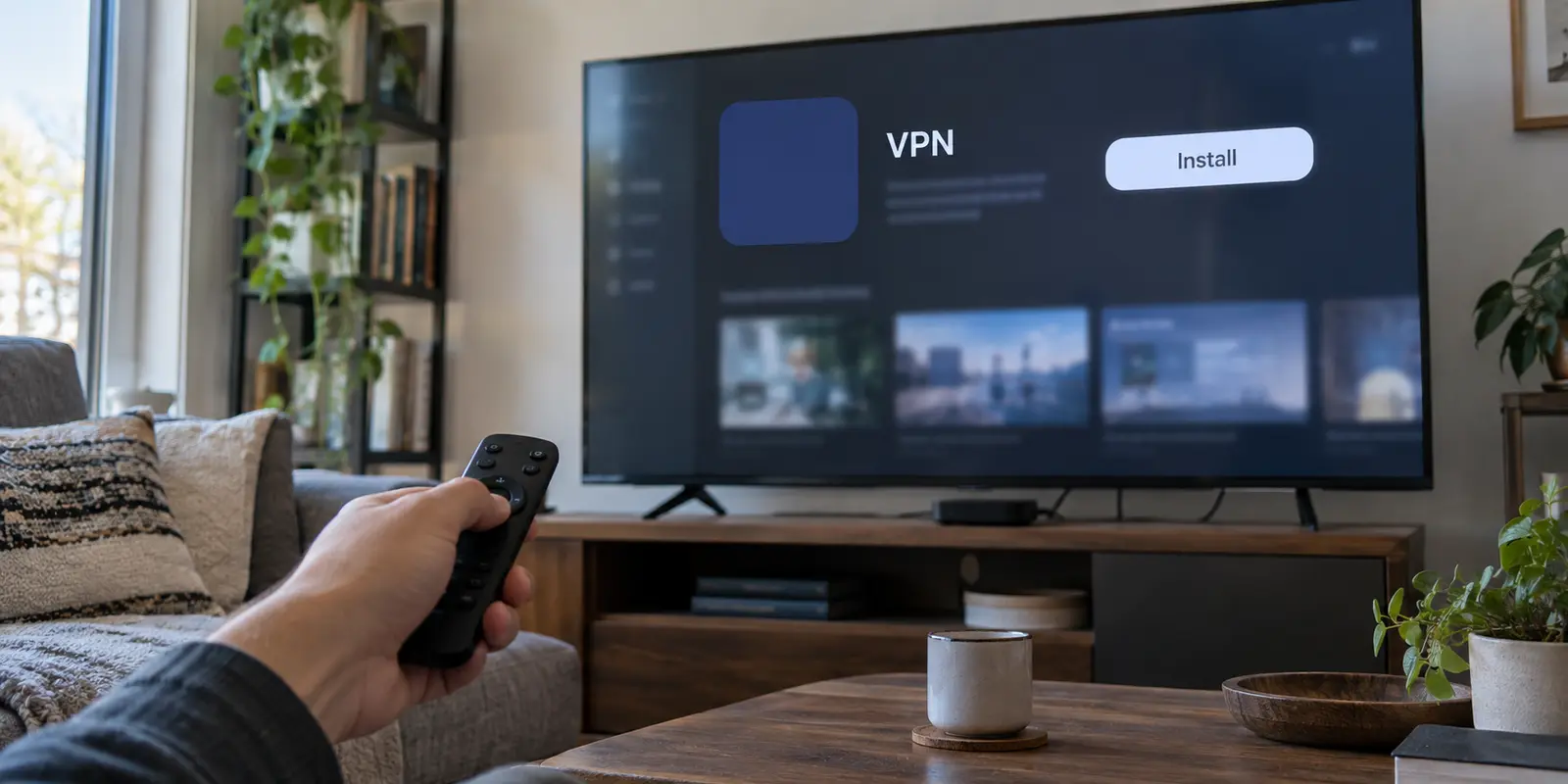 A modern television offers a native VPN app with an Install button