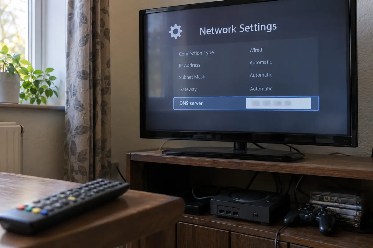 An older television exposes a manual DNS server field in Network Settings