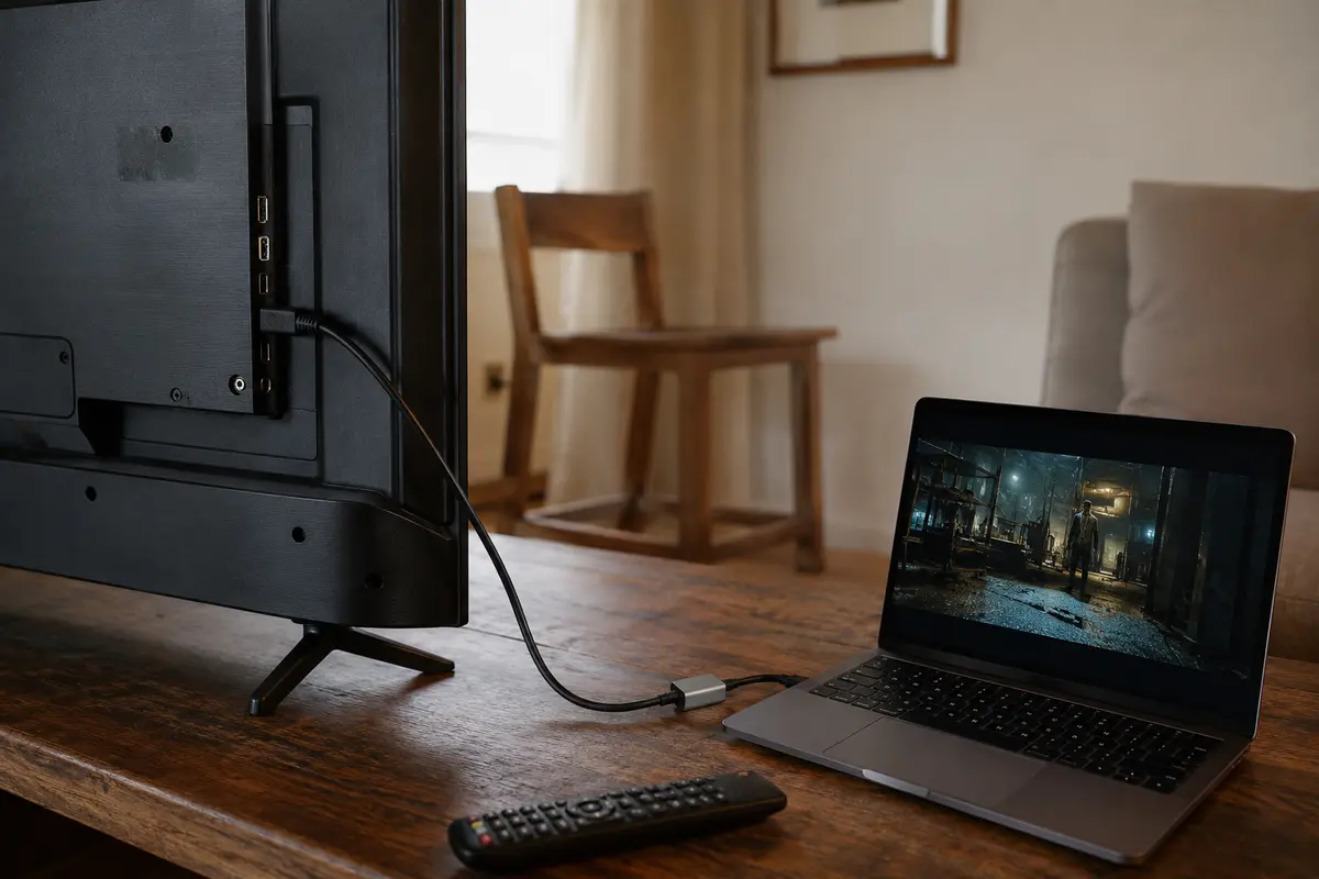 Un portátil conectado por HDMI a la parte trasera de un televisor