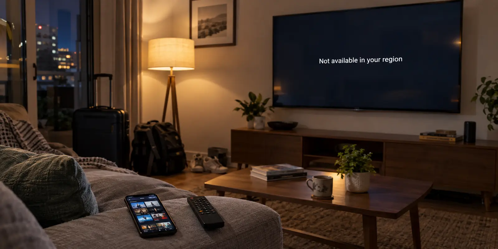 Smart television shows a regional availability error while a phone on the same couch has a normal catalog