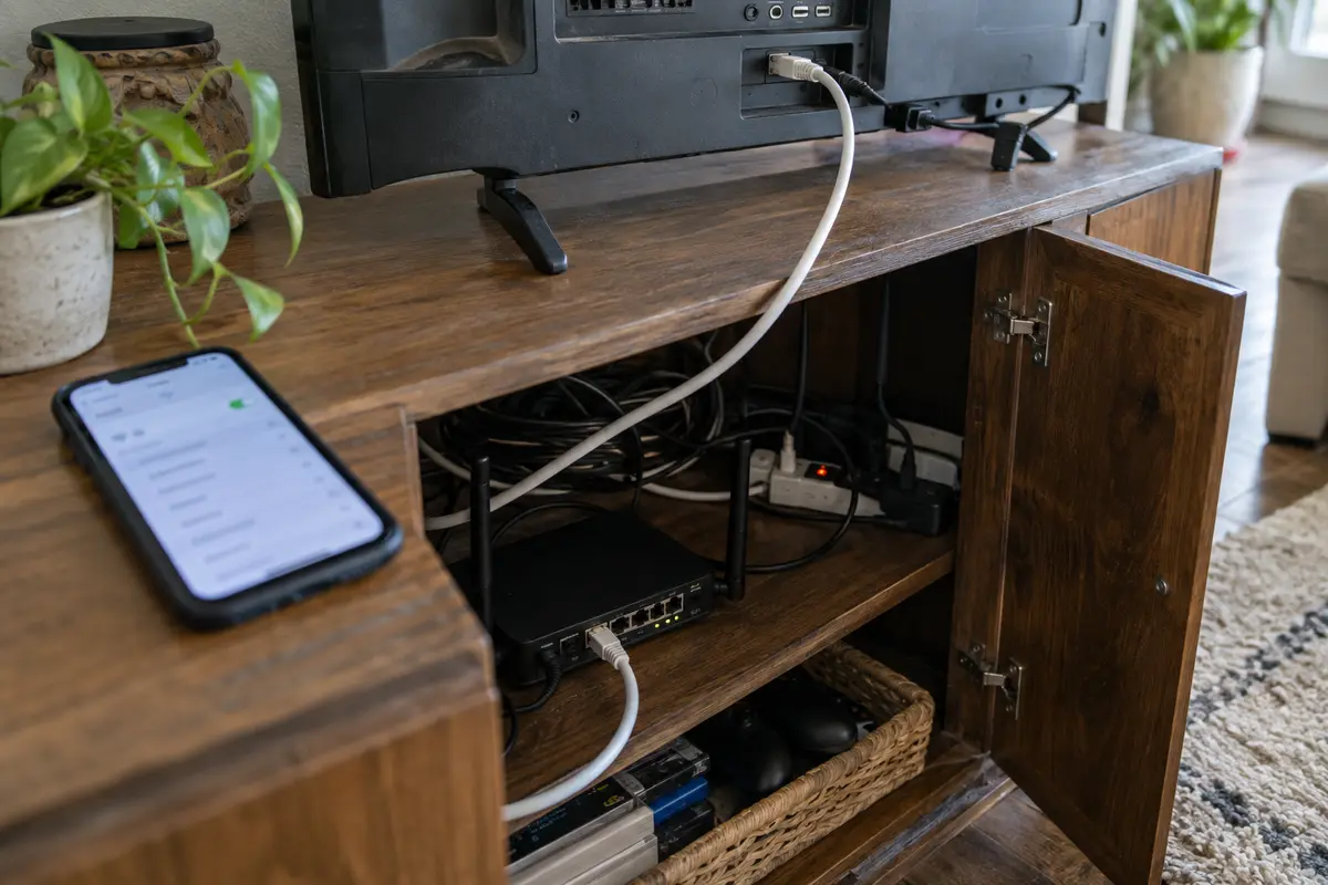 Ethernet cable connects a smart television to a secondary router while a phone uses another Wi-Fi route