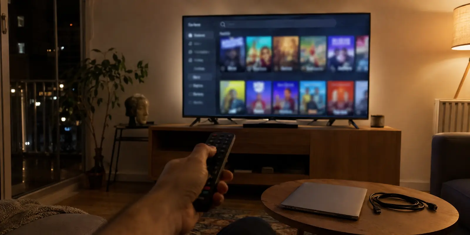 Pessoa procura uma aplicação na Smart TV enquanto o portátil e o cabo HDMI estão ao lado